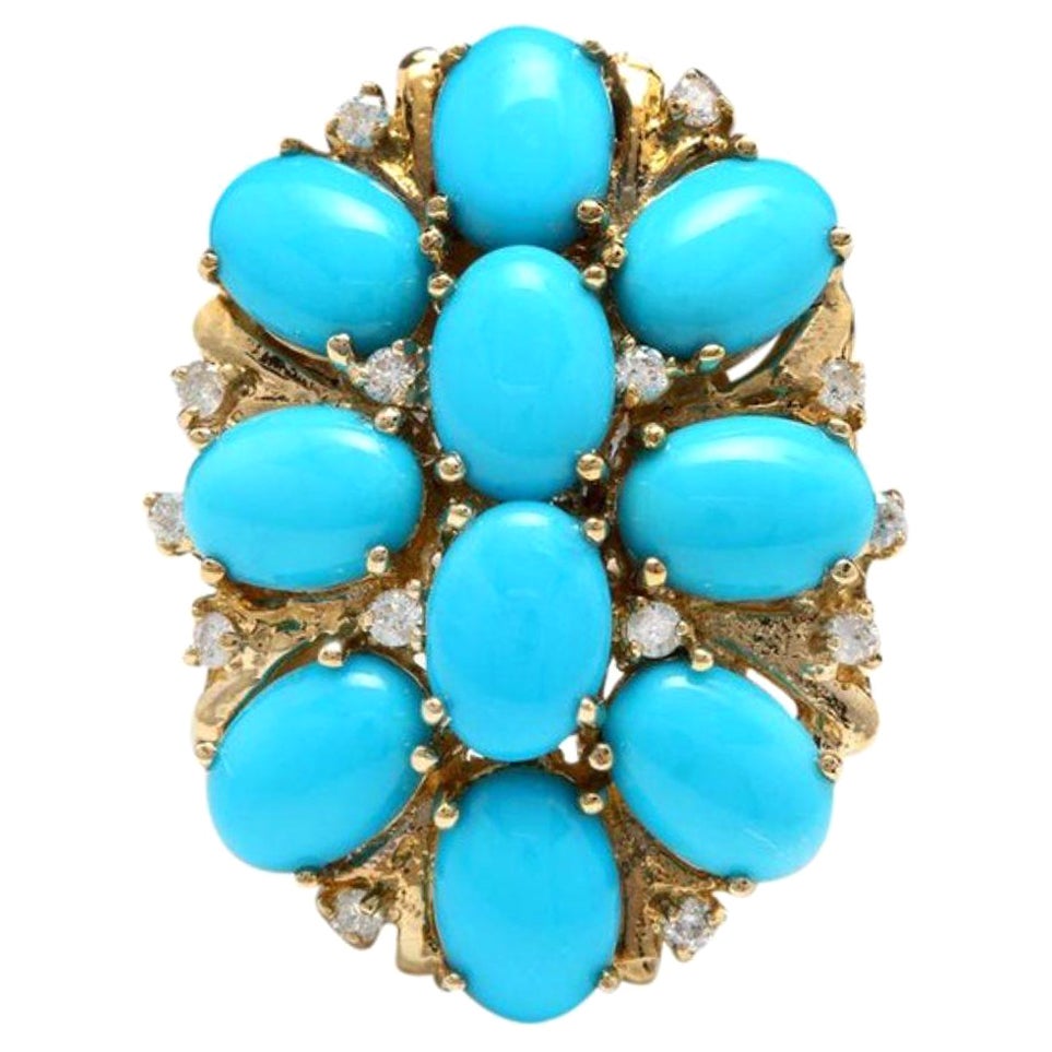 6.80 Carats Impressive Natural Turquoise and Diamond 14K Yellow Gold Ring For Sale