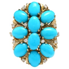 6.80 Carats Impressive Natural Turquoise and Diamond 14K Yellow Gold Ring