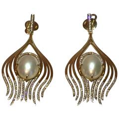 Vintage Ana Khouri Peacock Pearl Diamond Gold Earrings