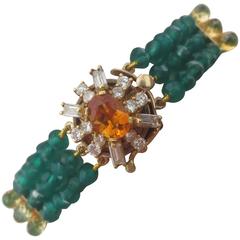 Diamonds, Citrine &14k yellow gold clasp with Faceted Green Onyx Beads Bracelet 7