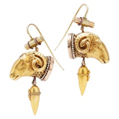 Victorian 18kt. Yellow Gold Etruscan Revival Ram's Head Earrings
