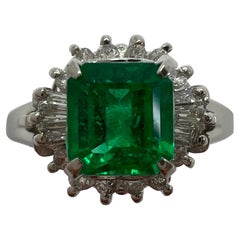 1.10 Carat Fine Vivid Green Colombian Emerald & Diamond Platinum Halo C Ring