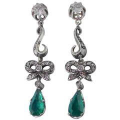 Victorian 2.20 Carats Colombian Emeralds Diamond Silver Bow Drop Earrings Antique Victorian 2.20 Carats Colombian Emeralds Diamond Silver Bow Drop Earrings