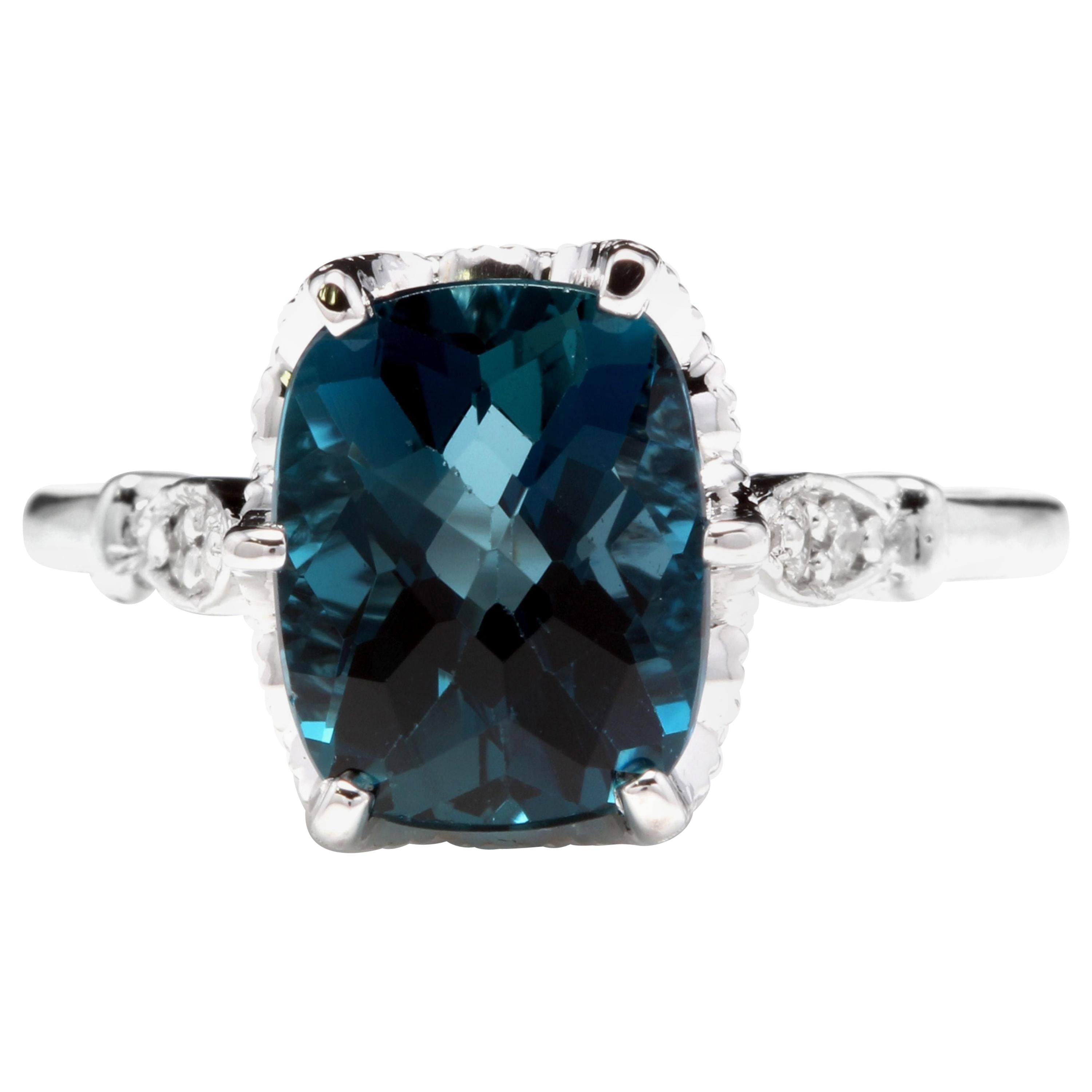 4,08 Karat natürlicher beeindruckender Londoner Blautopas und Diamant 14 Karat Gold Ring