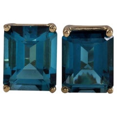 Exquisite 7.45 Carat Natural London Blue Topaz 14K Solid Yellow Gold Earrings