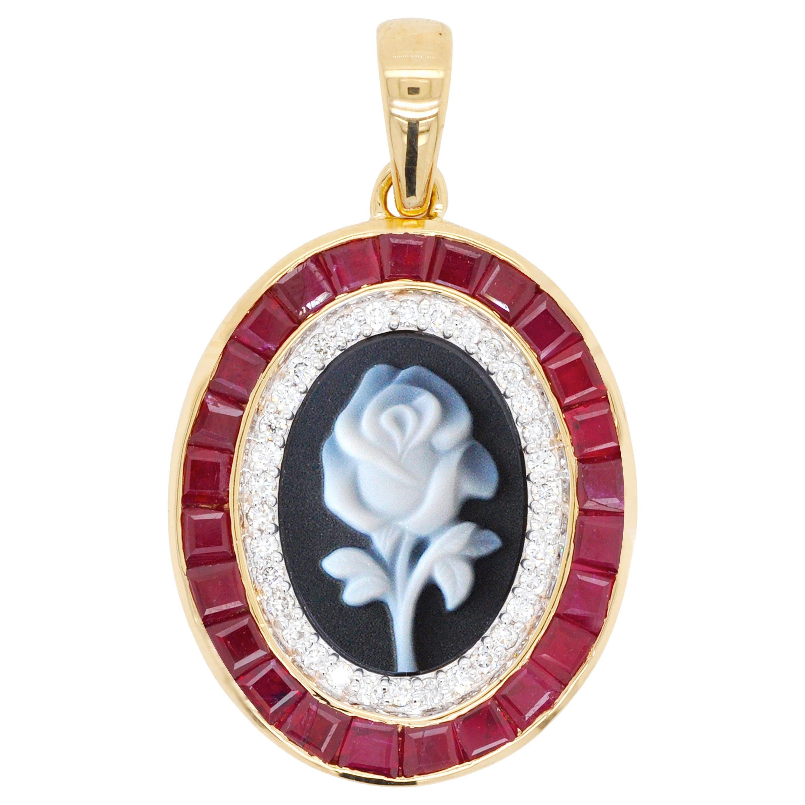 18 Karat Gold Calibre Cut Burma Ruby Diamond Rose Agate Cameo Pendant Necklace For Sale