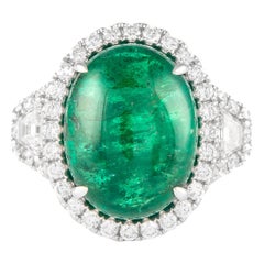 Alexander 11.42ct Emerald with Diamond Three Stone Halo Ring 18 Karat Gold