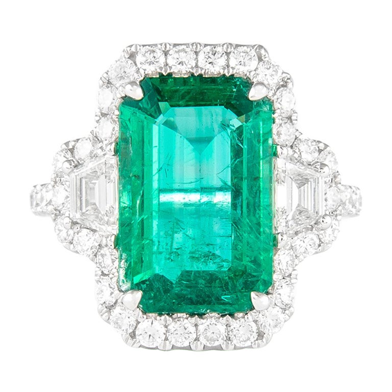 Alexander 6.26ctt Emerald with Diamond Three Stone Halo Ring 18 Karat ...