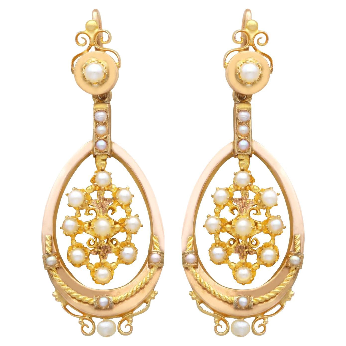 Antique Seed Pearl and 18 Carat Yellow Gold Drop Earrings