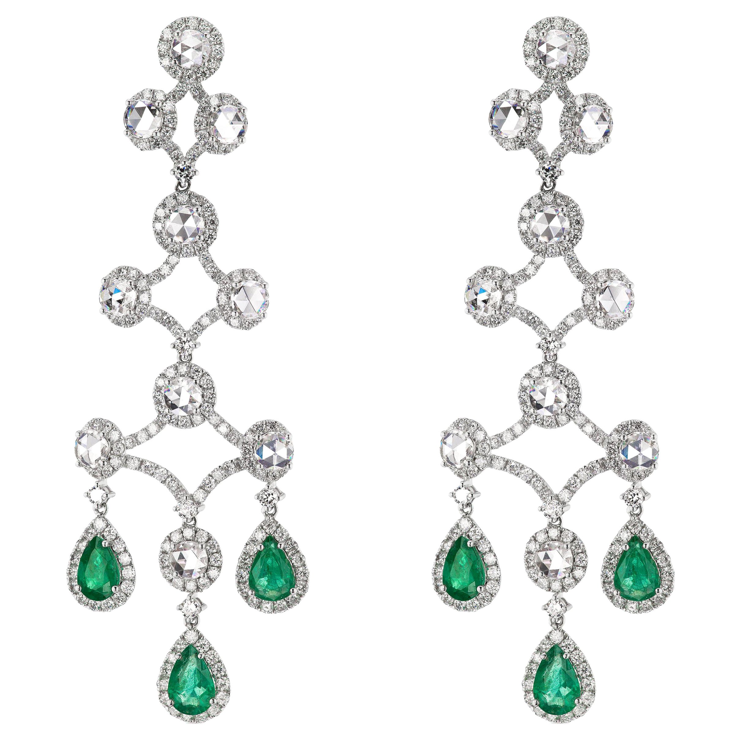 Nigaam 12.2 Cts. Emerald and Diamond Chandelier Earrings in 18K White Gold For Sale