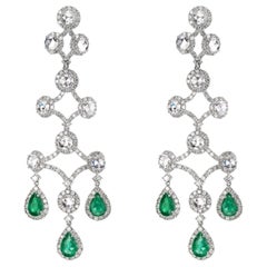 Nigaam 12.2 Cts. Emerald and Diamond Chandelier Earrings in 18K White Gold