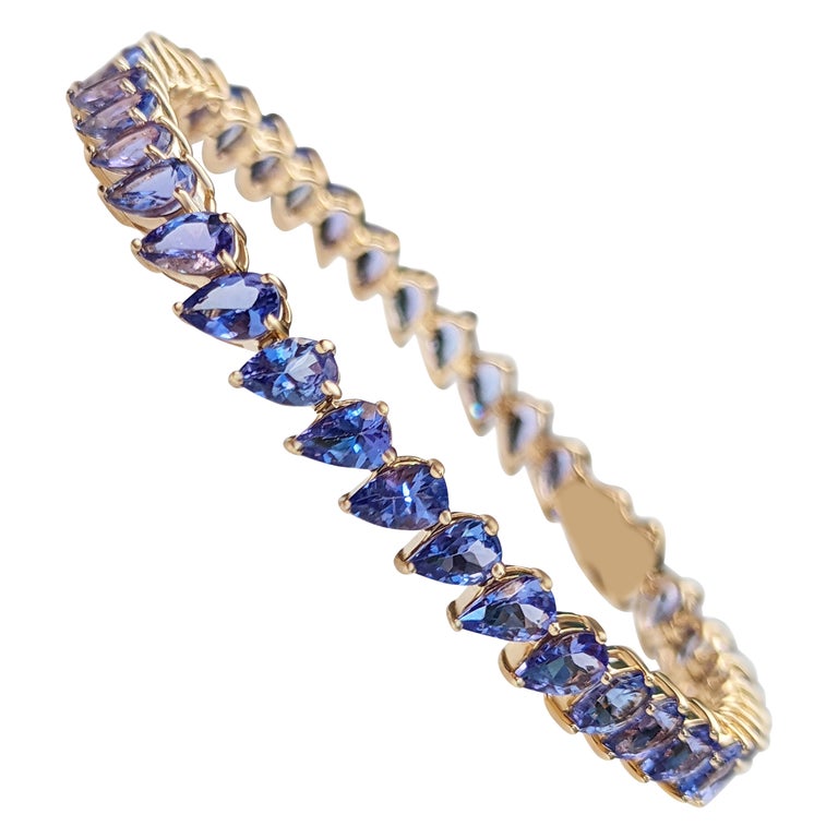 14.75 Carat Pear Shape Tanzanite Tennis Riviera, 14 Kt. Yellow Gold