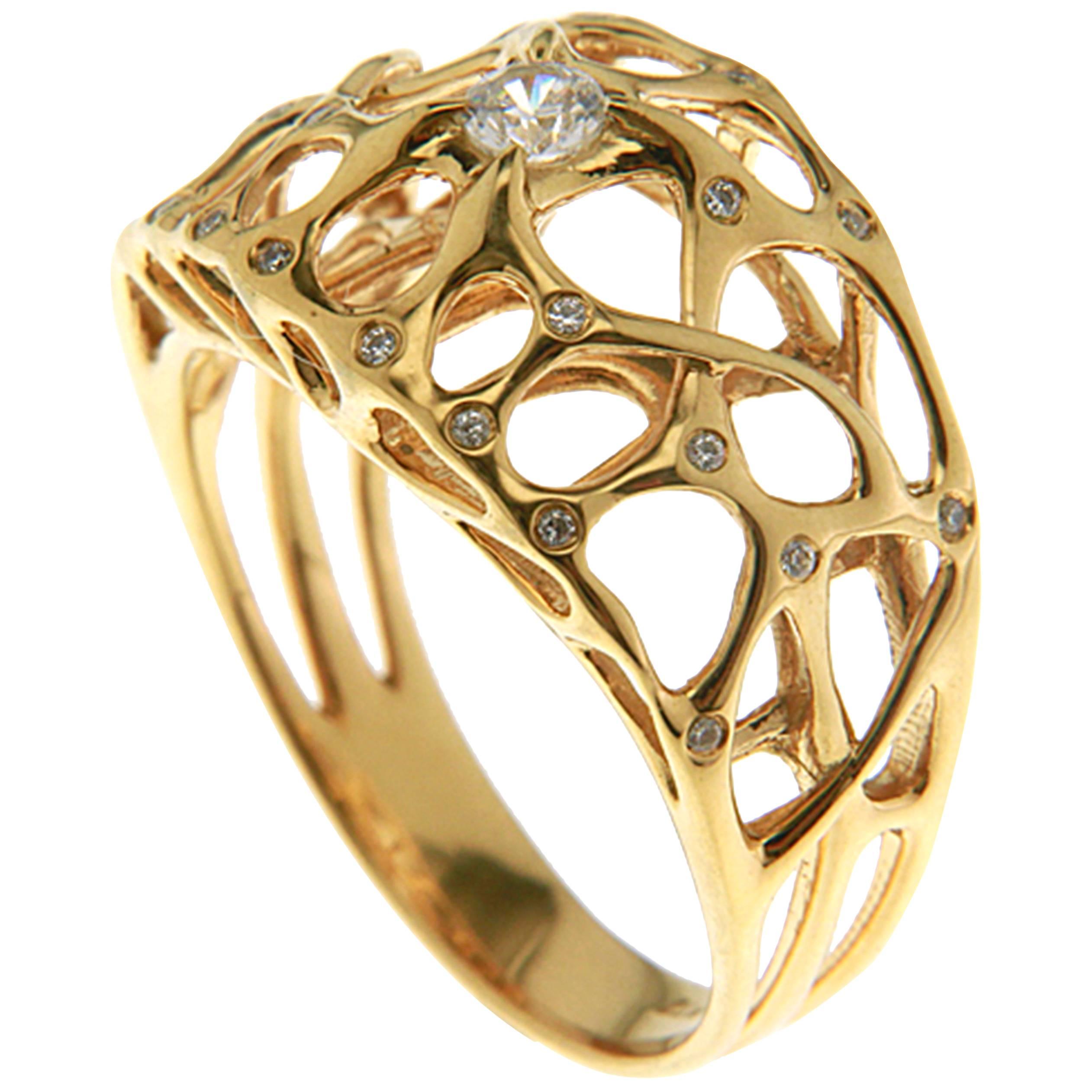 18K Gold and Web Diamond Ring  For Sale