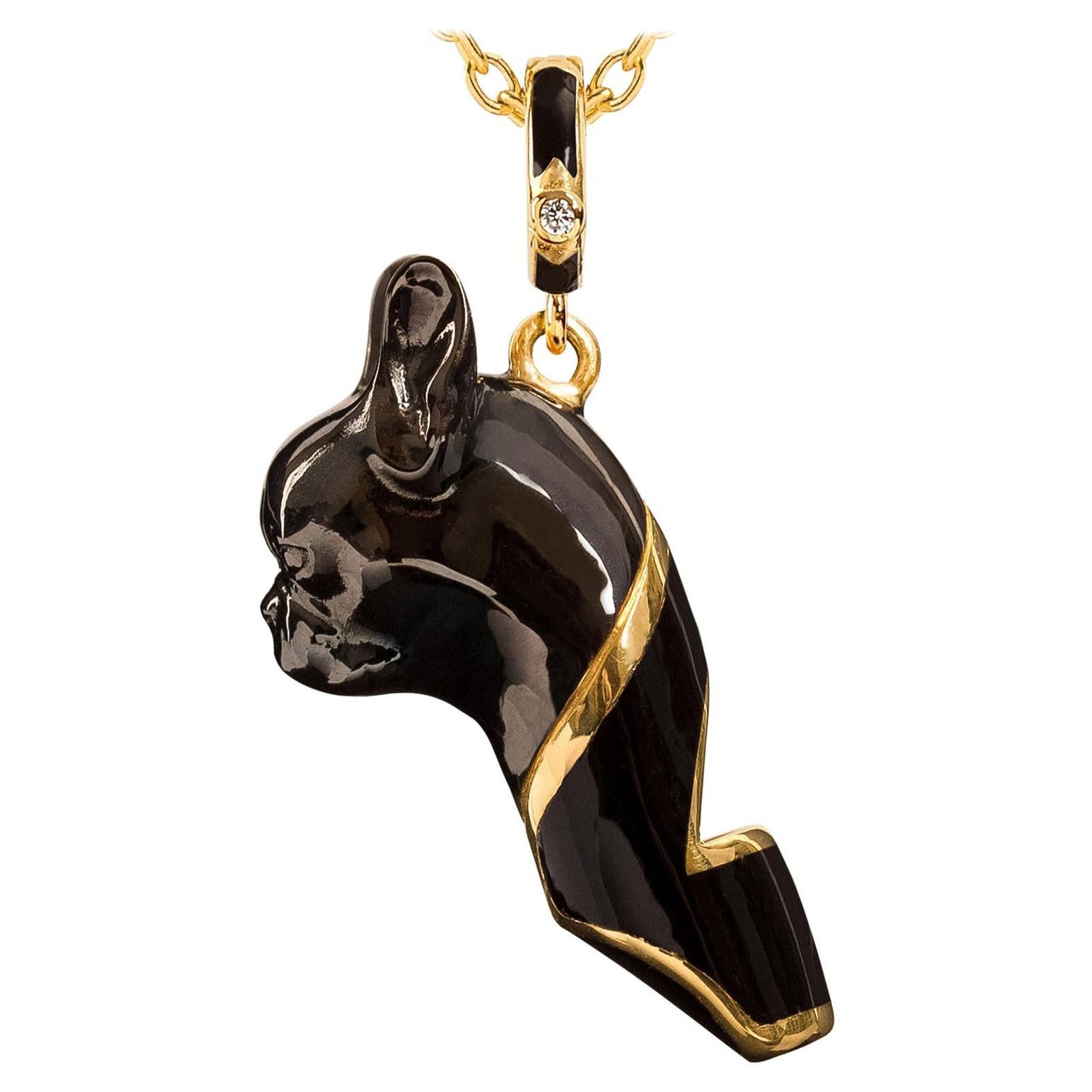 French Bulldog Whistle Pendant Necklace, Black Enamel For Sale