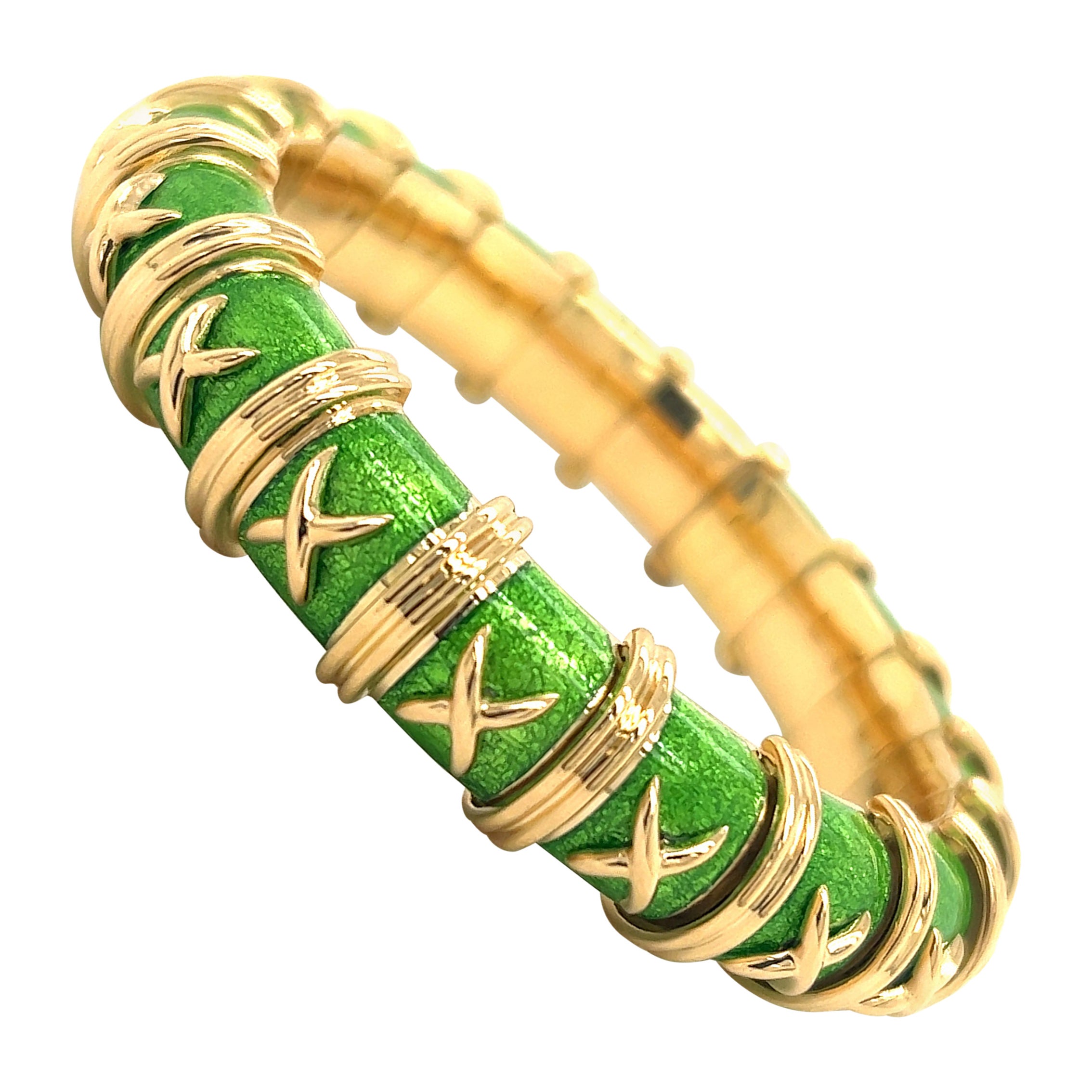 Tiffany & Co. Bracelet jonc Schlumberger Croisillon vert paillonne émaillé