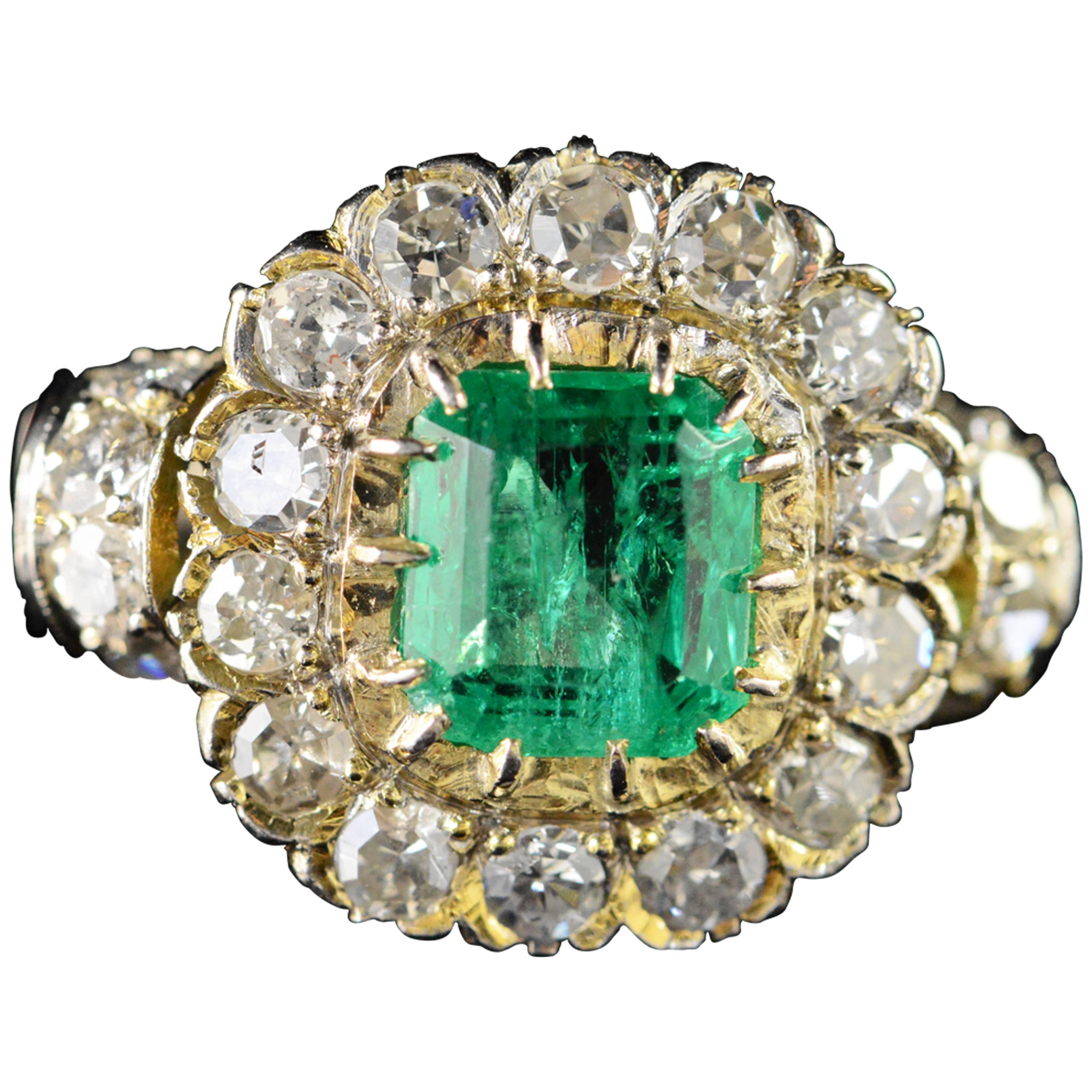  1.68 Carat Emerald 1.32 Carats Mine Cut Diamonds Gold Ring For Sale
