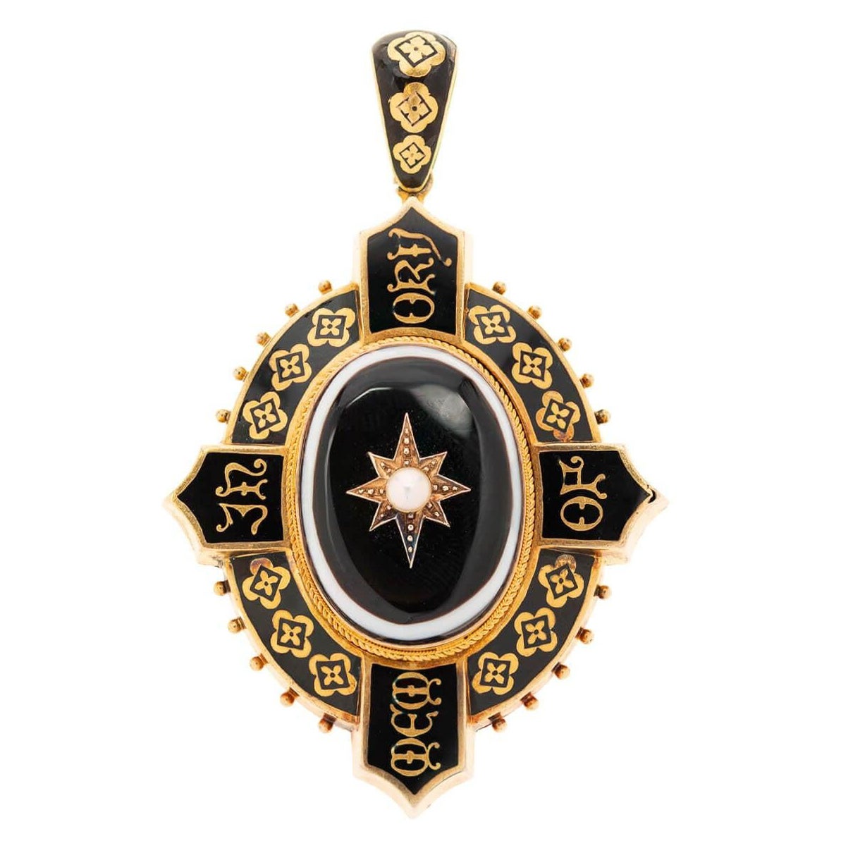 Médaillon de deuil victorien 18 carats en agate, perles et émail en vente