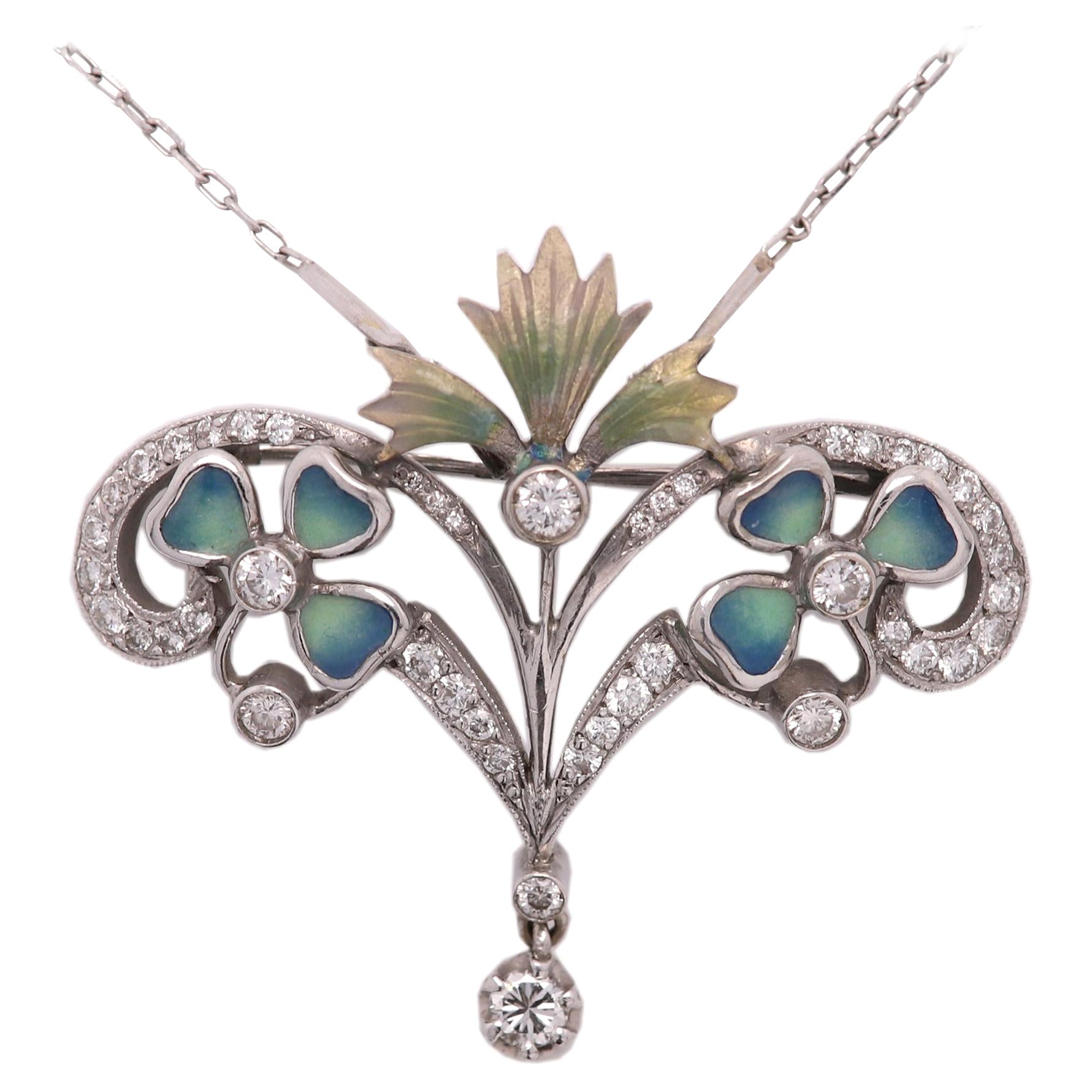 Collier broche fleur Art nouveau en or 18 carats, émail et diamants, style broche 