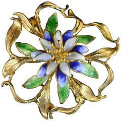Hard-Fired Enamel Diamond Gold Floral Brooch