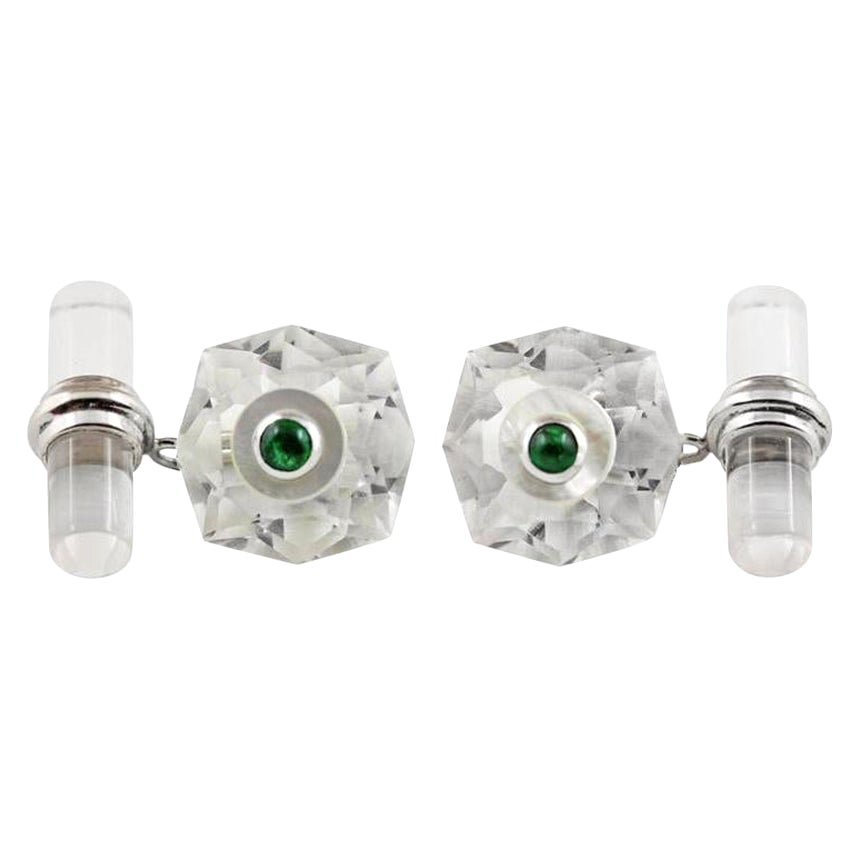 18 Karat White Gold Rock Crystal Mother of Pearl Cabochon Emeralds Cufflinks For Sale