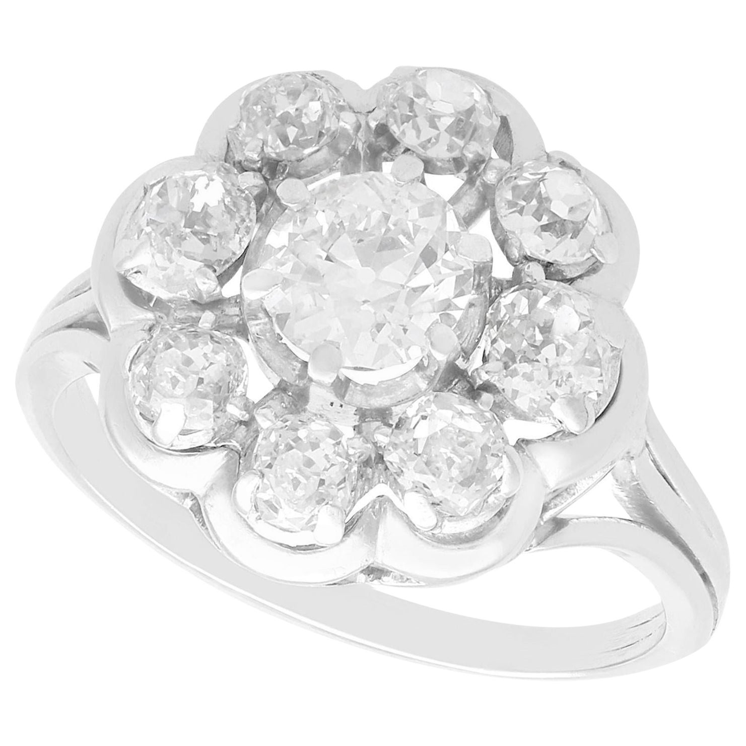 Antique 2.66ct Diamond and Platinum Cluster Ring For Sale