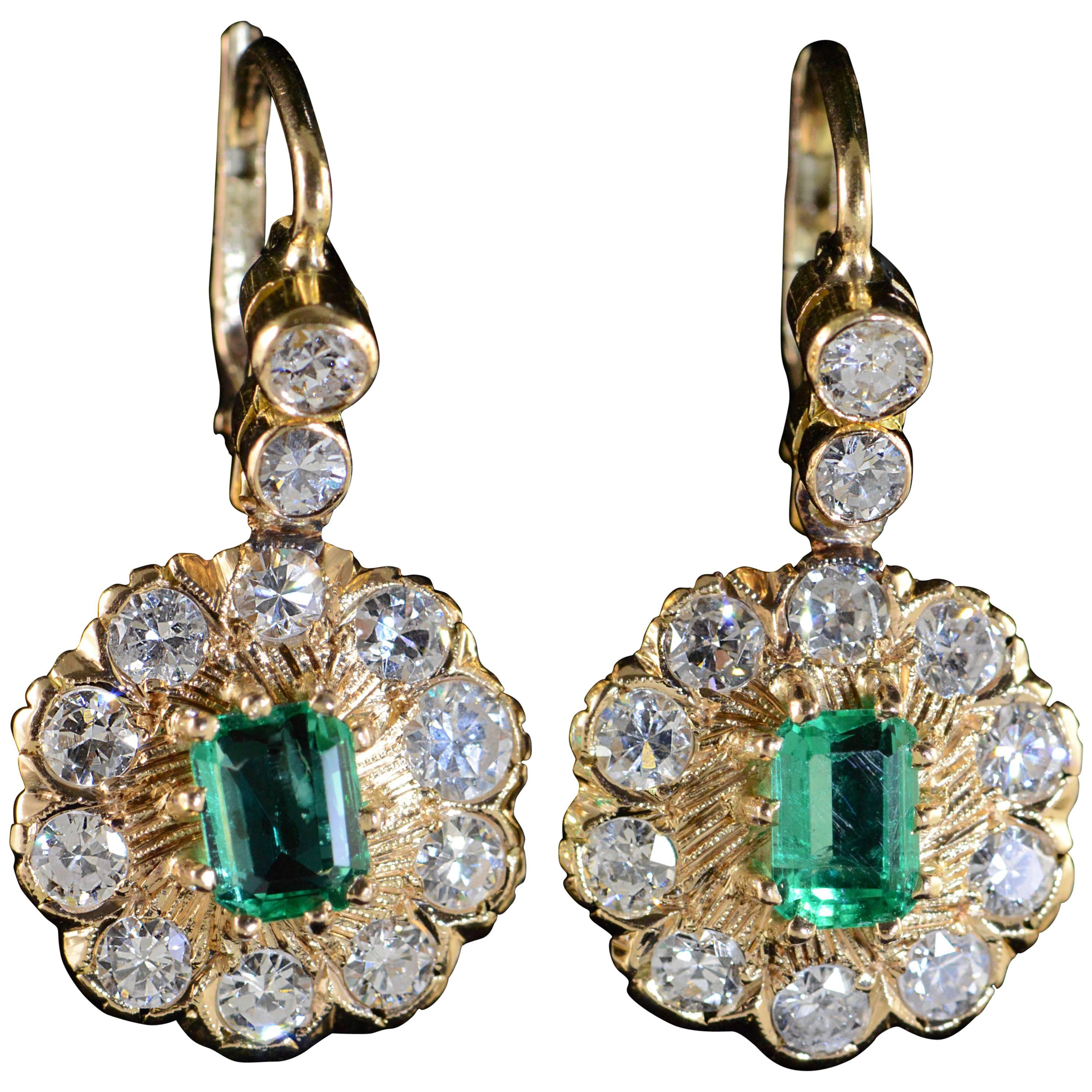  1.50 Carats Emeralds 2.80 Carats Old Mine Cut Diamonds Gold Earrings For Sale