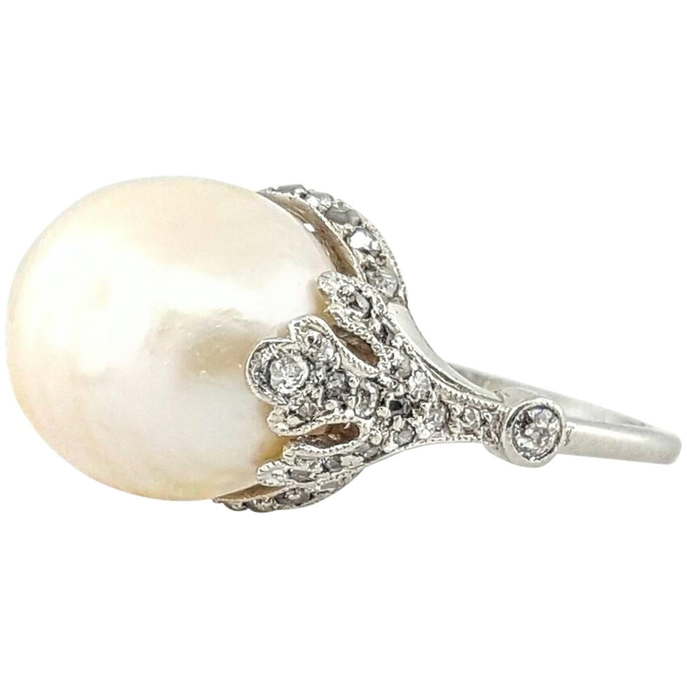 Antique GIA Cert Natural Fresh Water Pearl Diamond Platinum Ring