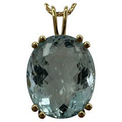 Fine Blue Aquamarine 17.68 Carat Oval Cut 18k Yellow Gold Pendant Necklace