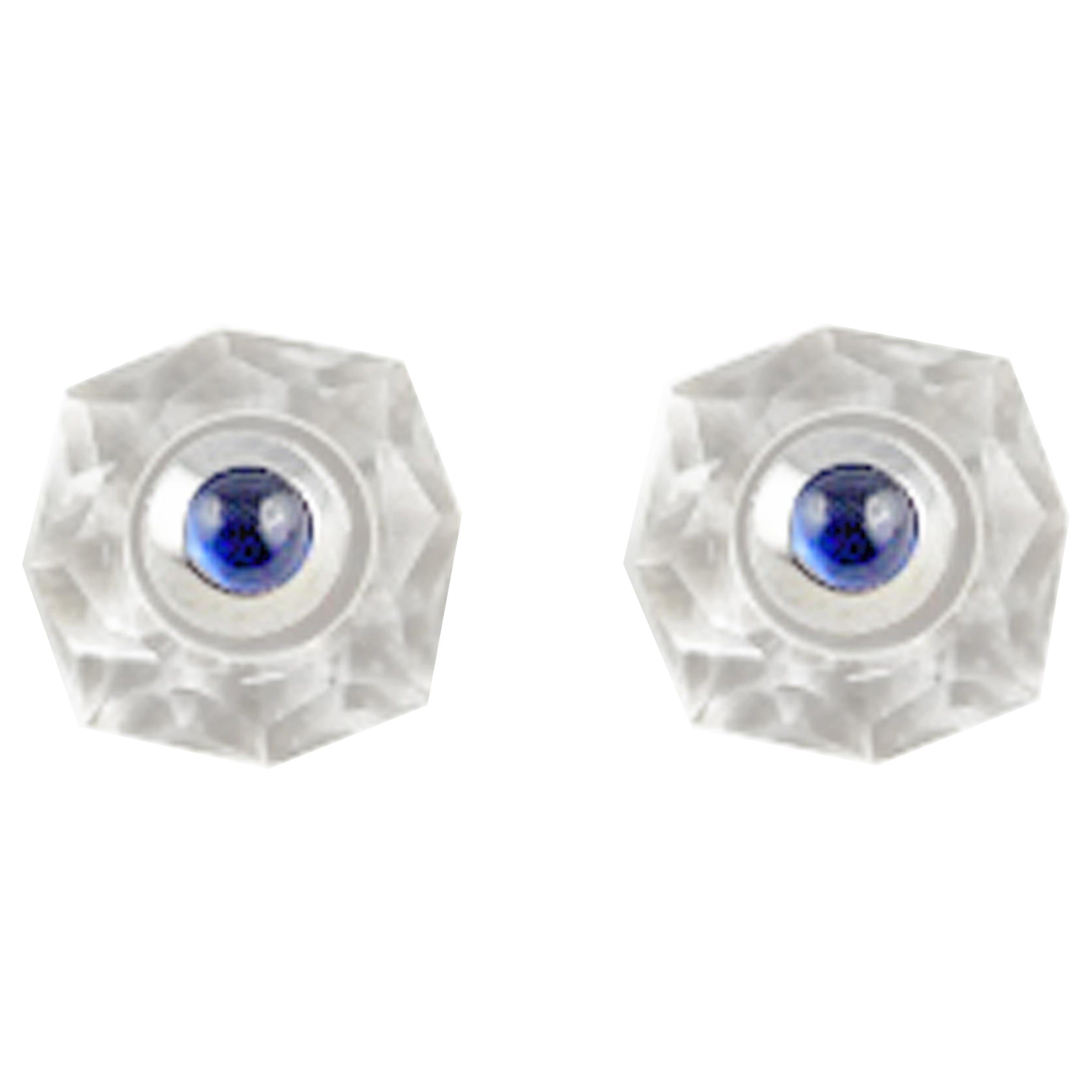 18 Karat White Gold Rock Crystal Mother of Pearl Cabochon Sapphire Stud Earrings For Sale