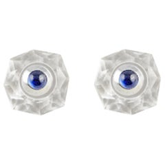 18 Karat White Gold Rock Crystal Mother of Pearl Cabochon Sapphire Stud Earrings