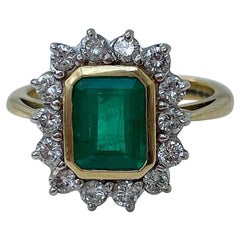 Retro Emerald and Diamond Halo Ring, 18ct Yellow Gold