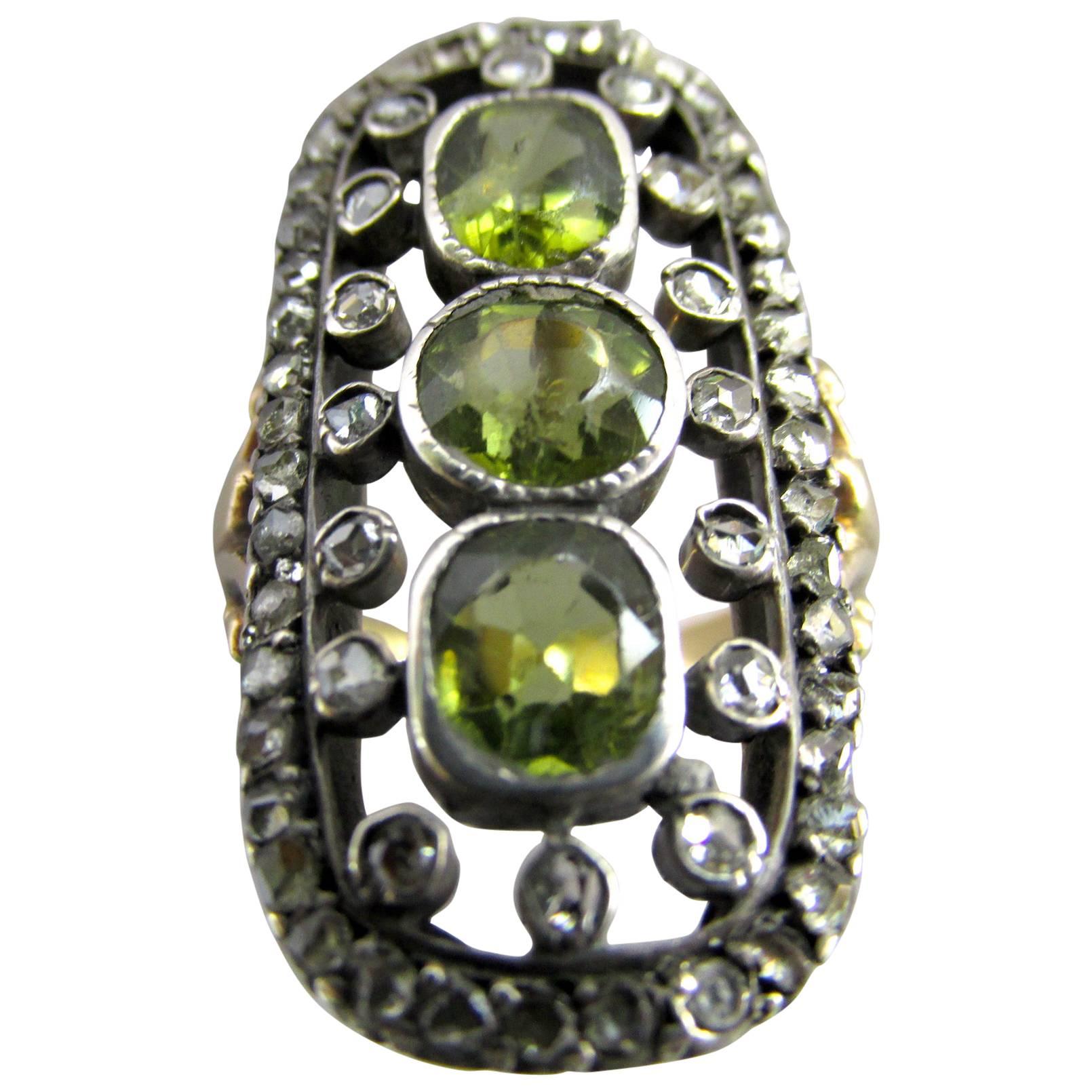 Antique Peridot Rose Diamond Silver Gold Ring