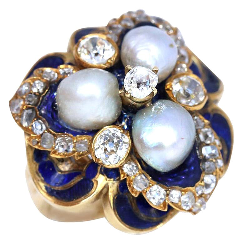 Natural Pearls Blue Enamel Ring Diamond Gold European, 1930 For Sale