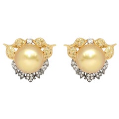 Antique South Sea Pearls Earrings 15 mm Diamonds Yellow Black Gold, 1990