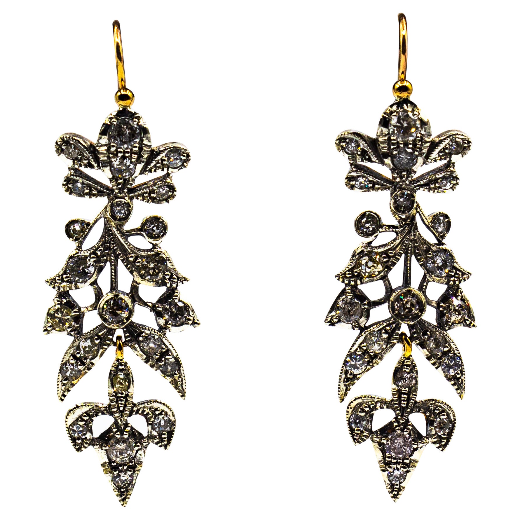 Art Nouveau Style 4.14 Carat White Brilliant Cut Diamond Yellow Gold Earrings For Sale