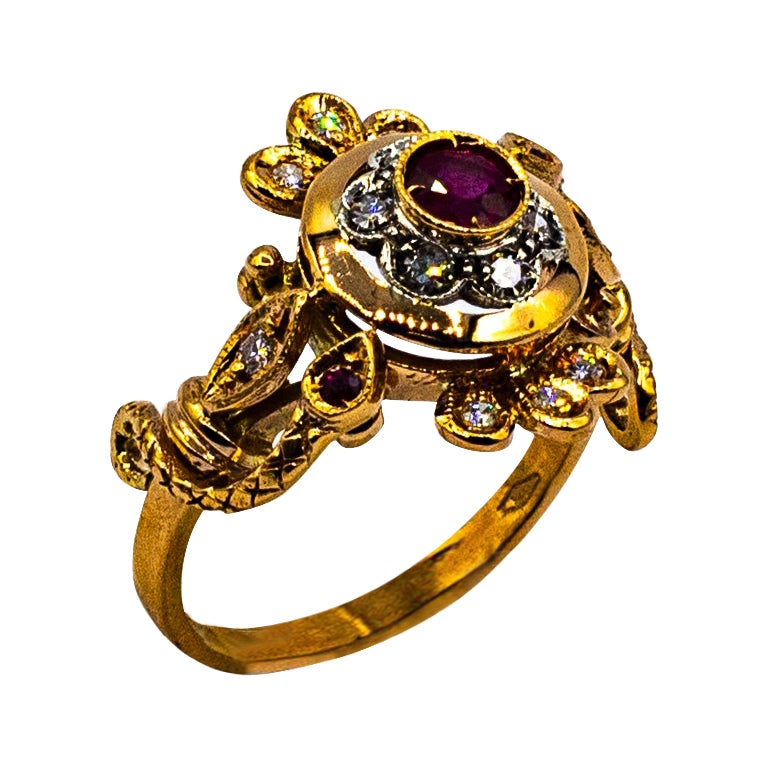 Art Nouveau Style White Old European Cut Diamond Ruby Yellow Gold Cocktail Ring