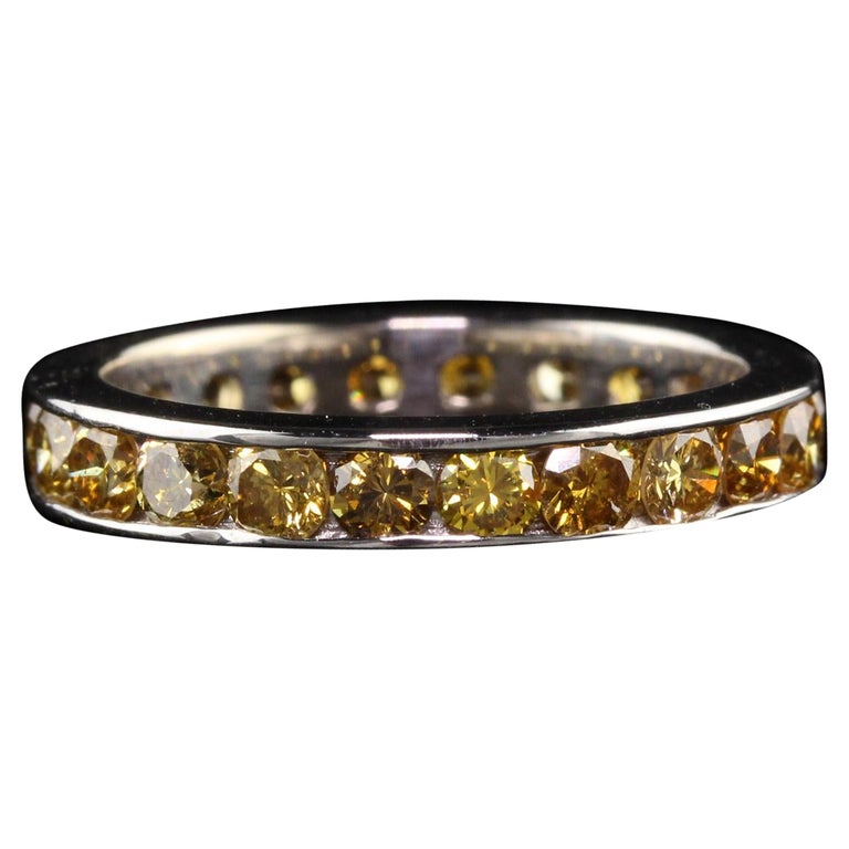Vintage Estate 14K White Gold Round Yellow Sapphire Eternity Band For Sale