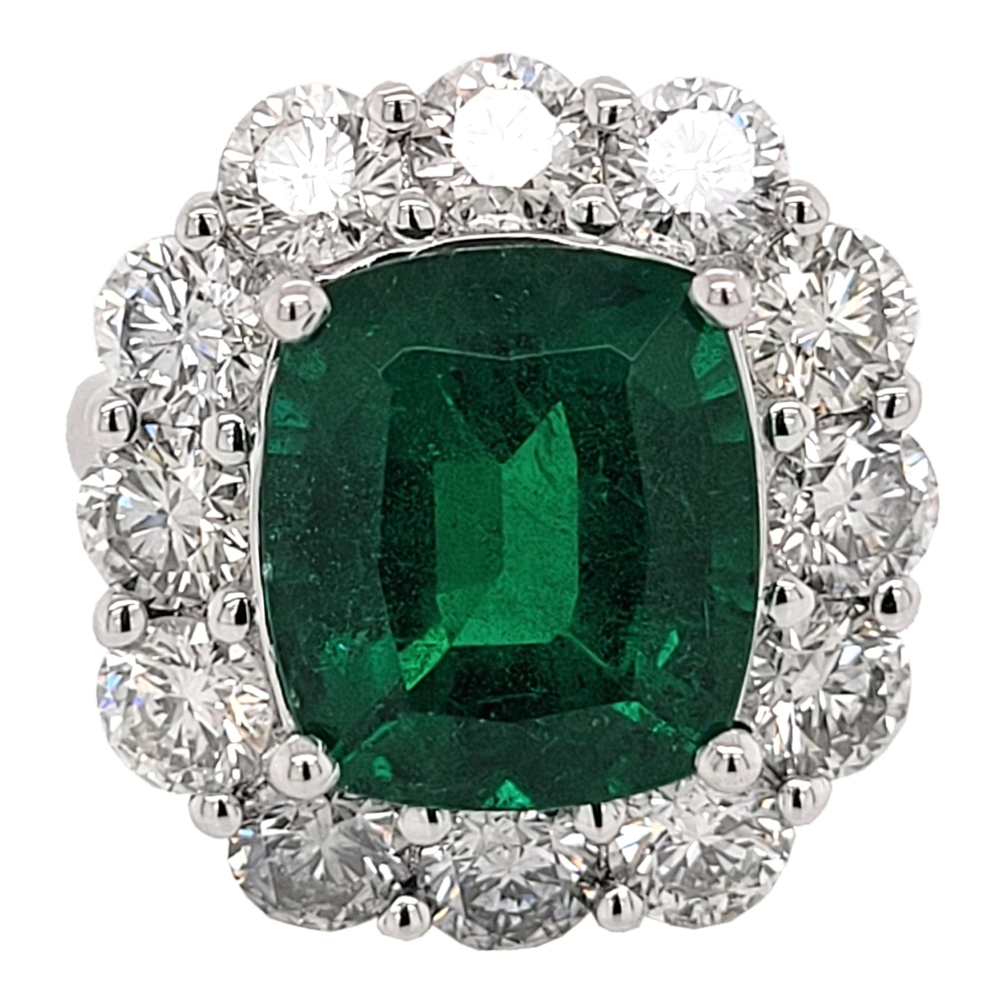 5.88Ct GIA Cushion Shape Emerald Pave Set Engagement Ring w. Halo 2.9 Ct Diamond For Sale