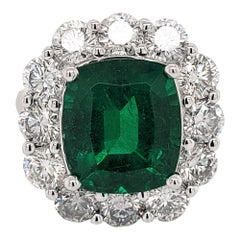 5.88Ct GIA Cushion Shape Emerald Pave Set Engagement Ring w. Halo 2.9 Ct Diamond