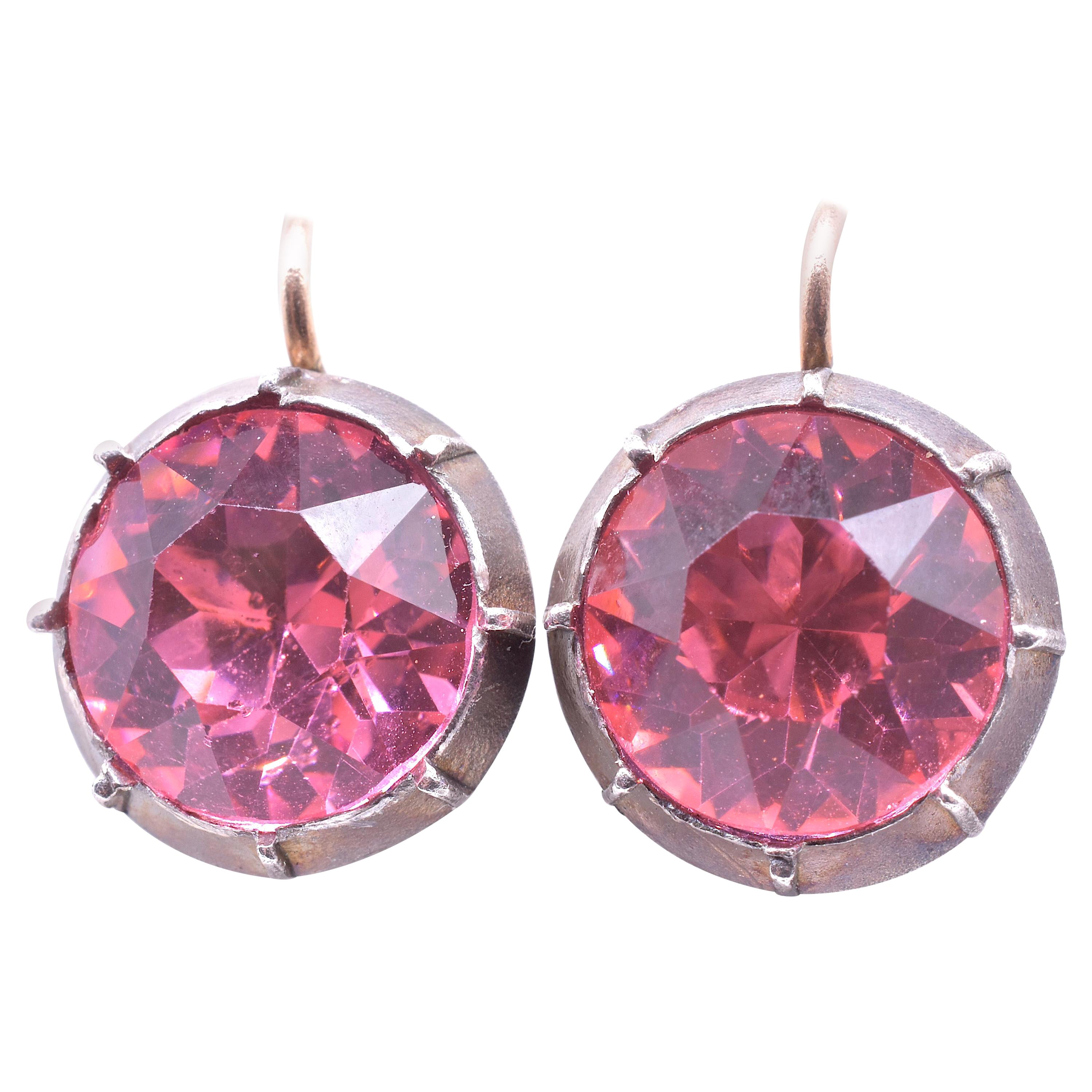 Georgian circa 1820 Round Pink Paste Earrings Backed in Silver