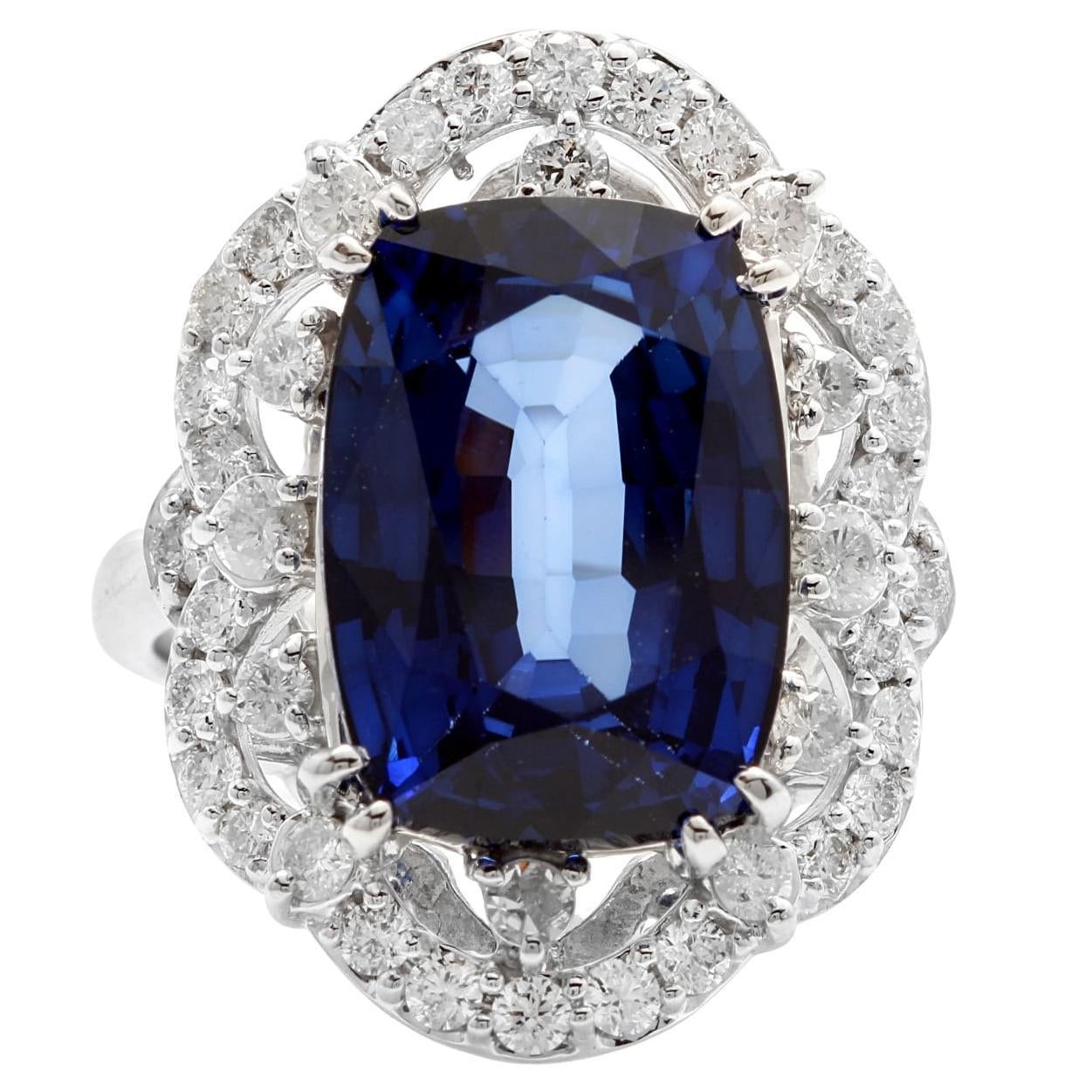 10.80 Carats Ceylon Blue Sapphire and Natural Diamond 14K Solid Whit For Sale