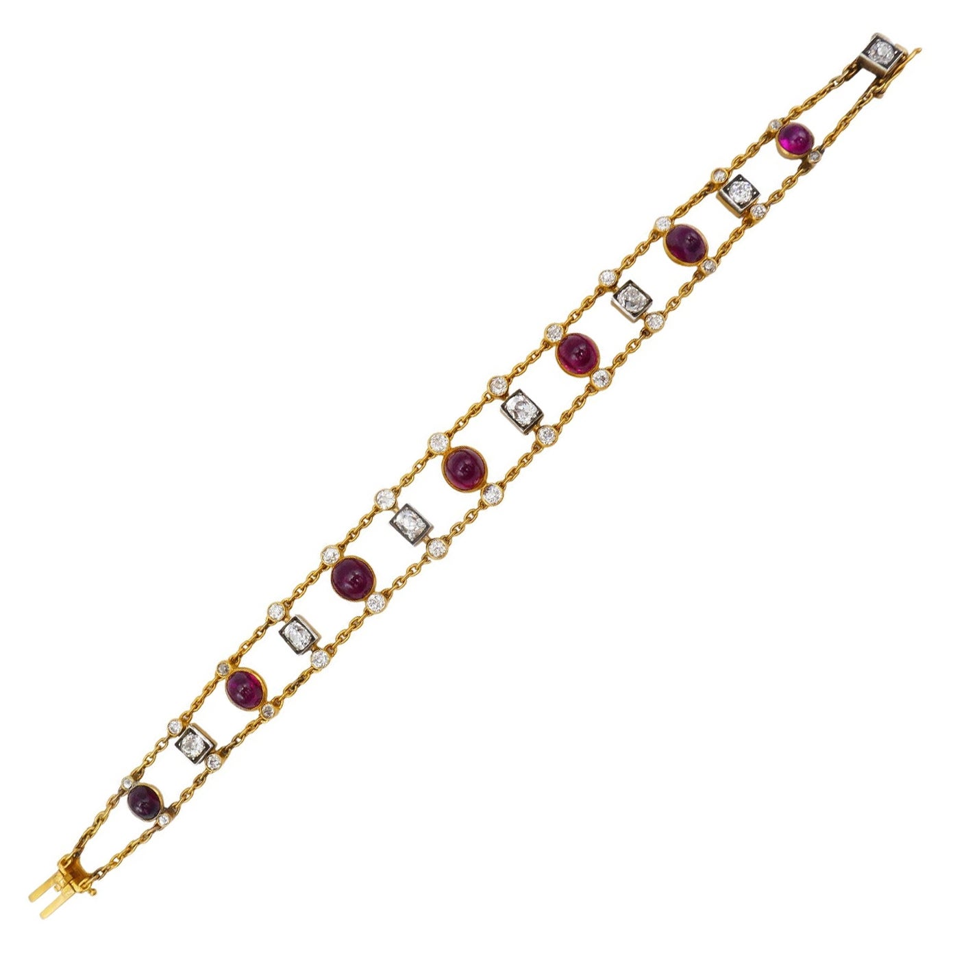 Antique Ruby Diamond Gold Chain Bracelet For Sale