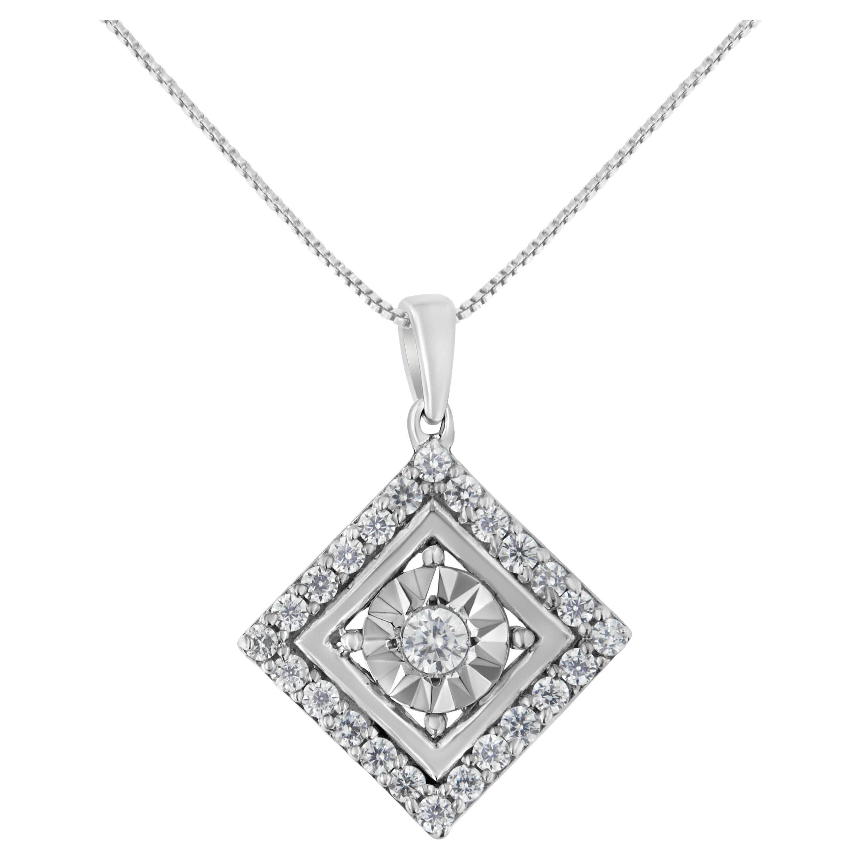 10kt White Gold 1/2 Carat Diamond Square Pendant Necklace For Sale