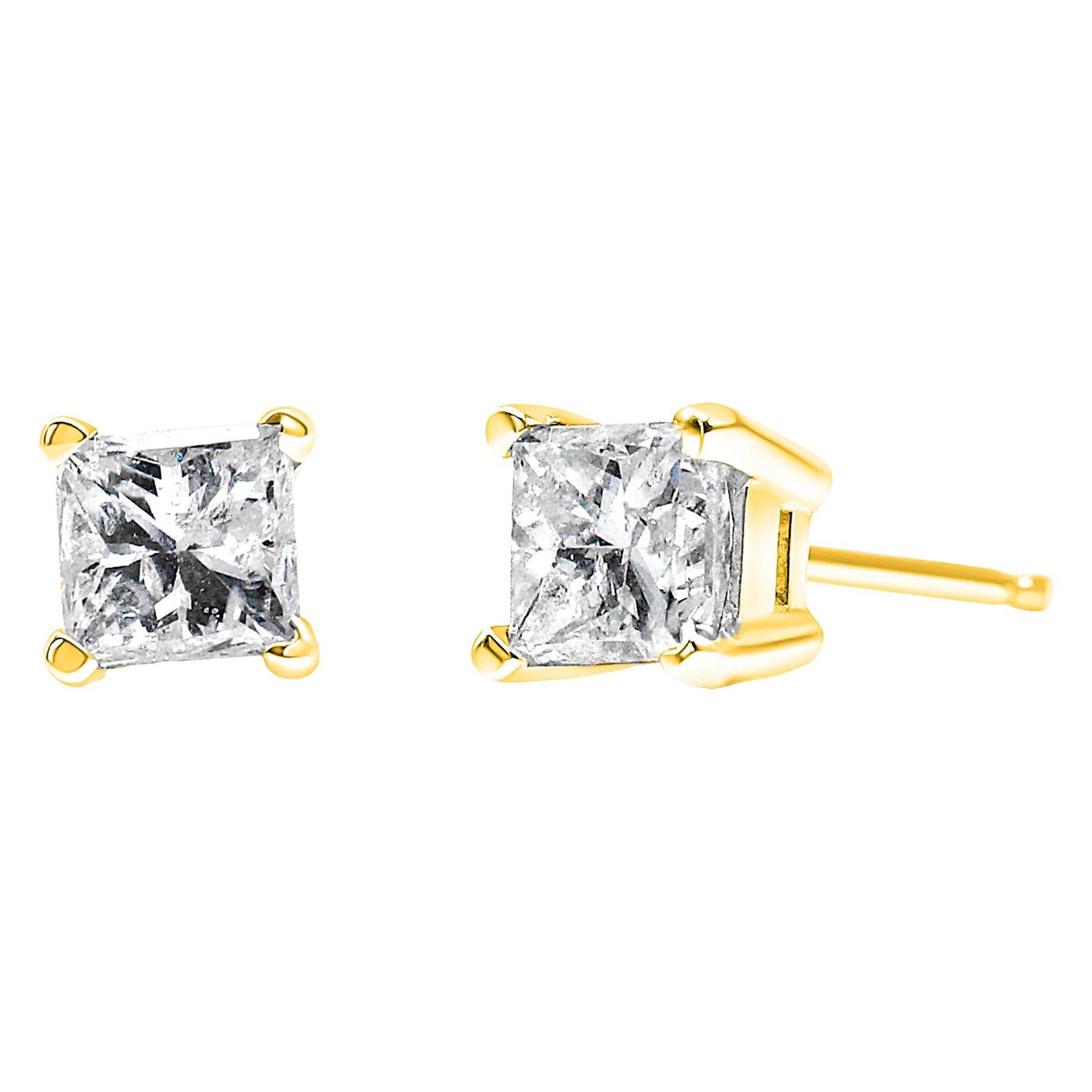 AGS Certified 1/4 Carat Princess-Cut Diamond Stud Earrings in 14K Yellow Gold For Sale