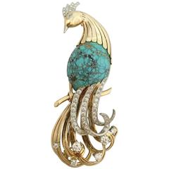 1950s Turquoise Diamond Gold Platinum Bird of Paradise Brooch
