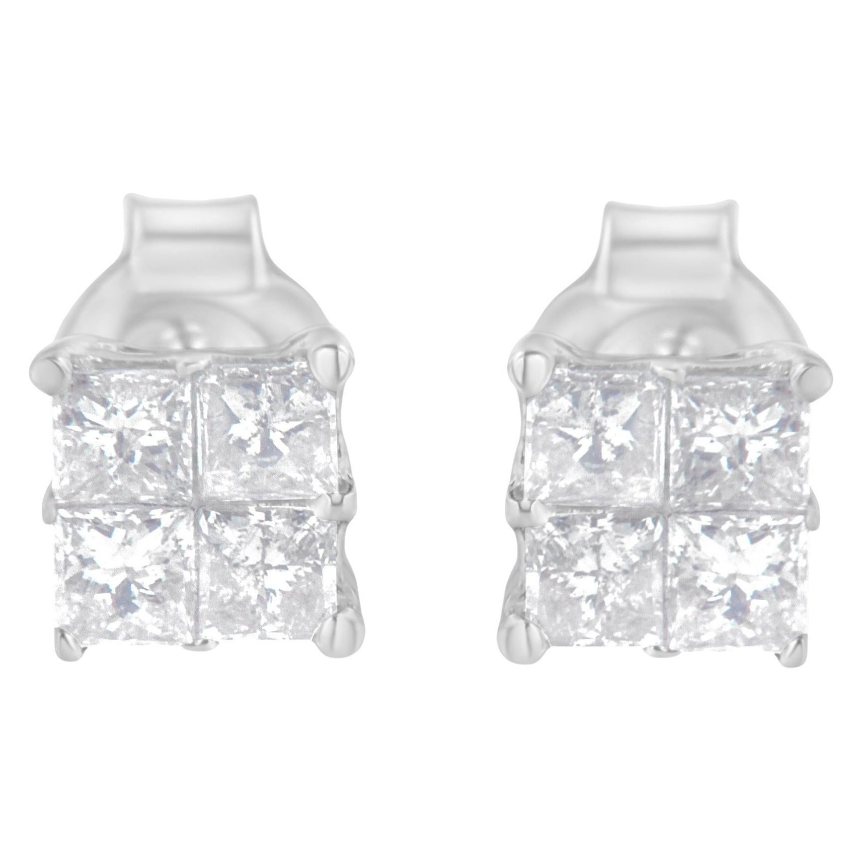 Clous d'oreilles en or blanc 10 carats avec diamants de 3/4 carat en vente