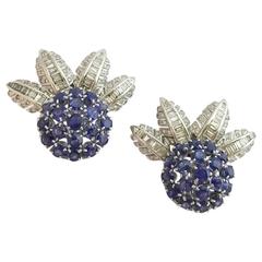 Baguette Diamond Sapphire Gold Palm Tree Leaves Earrings 12