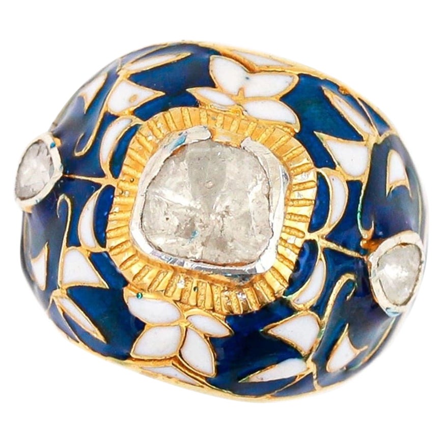 Contemporary Maghal Polki Rose Cut Diamond and Enamel Bombe Ring