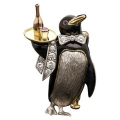 E. Wolfe Contemporary Charming Platinum Diamond And Enamel Penguin Waiter Brooch