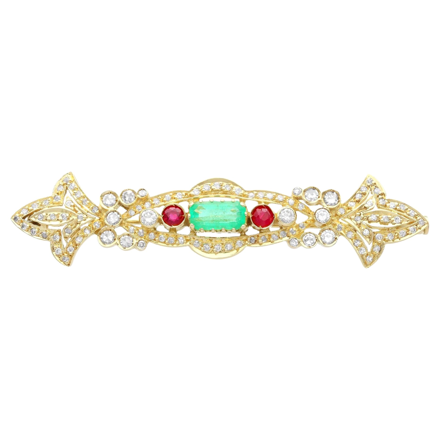 Vintage Emerald Ruby and 1.04 Carat Diamond Yellow Gold Brooch, circa 1980 For Sale
